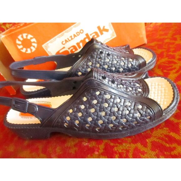 Sz 9 NEW NIB True Vtg 70s Womens BLUE RUBBER Strappy MEXICAN SANDALS SANDAK 25cm - Picture 2 of 8